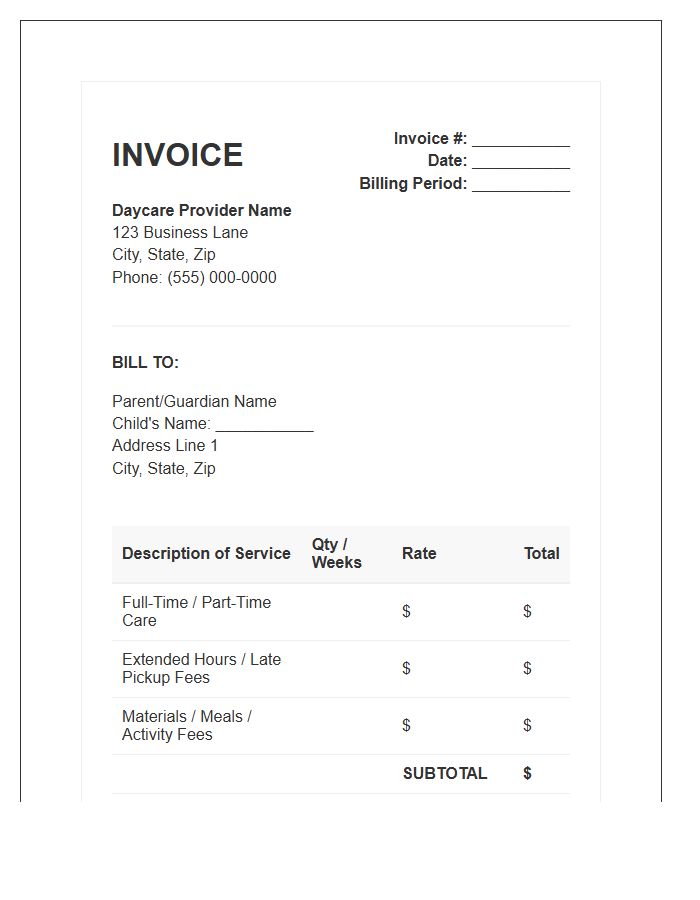 Daycare Services Monthly Invoice Template
