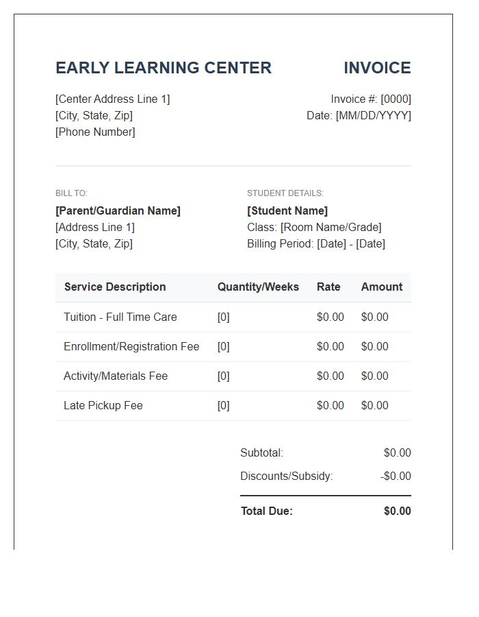 Early Learning Center Service Invoice Template