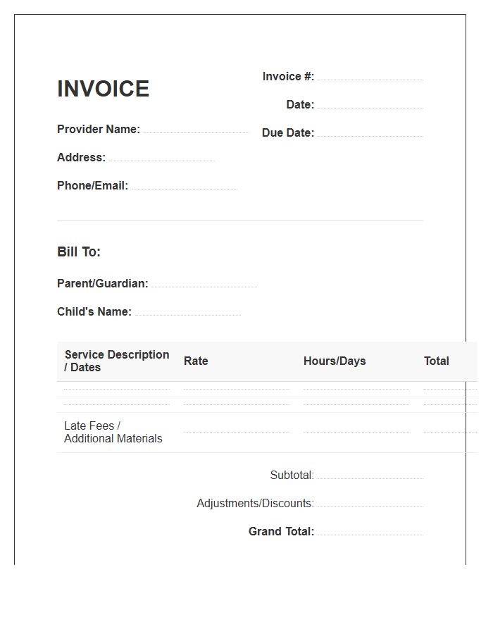 Home Based Childcare Provider Invoice Template