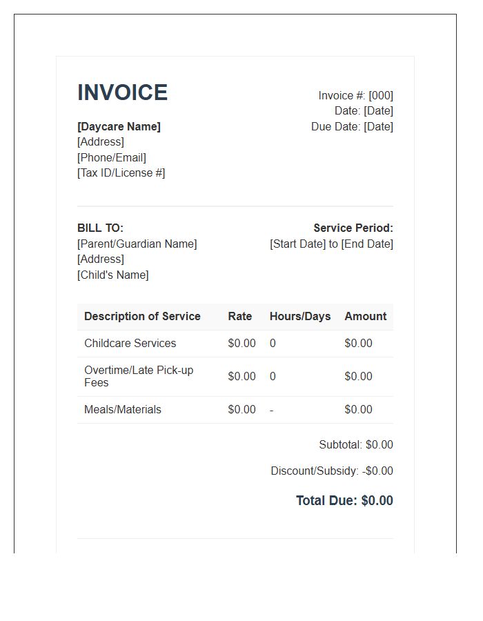 In Home Daycare Business Invoice Template