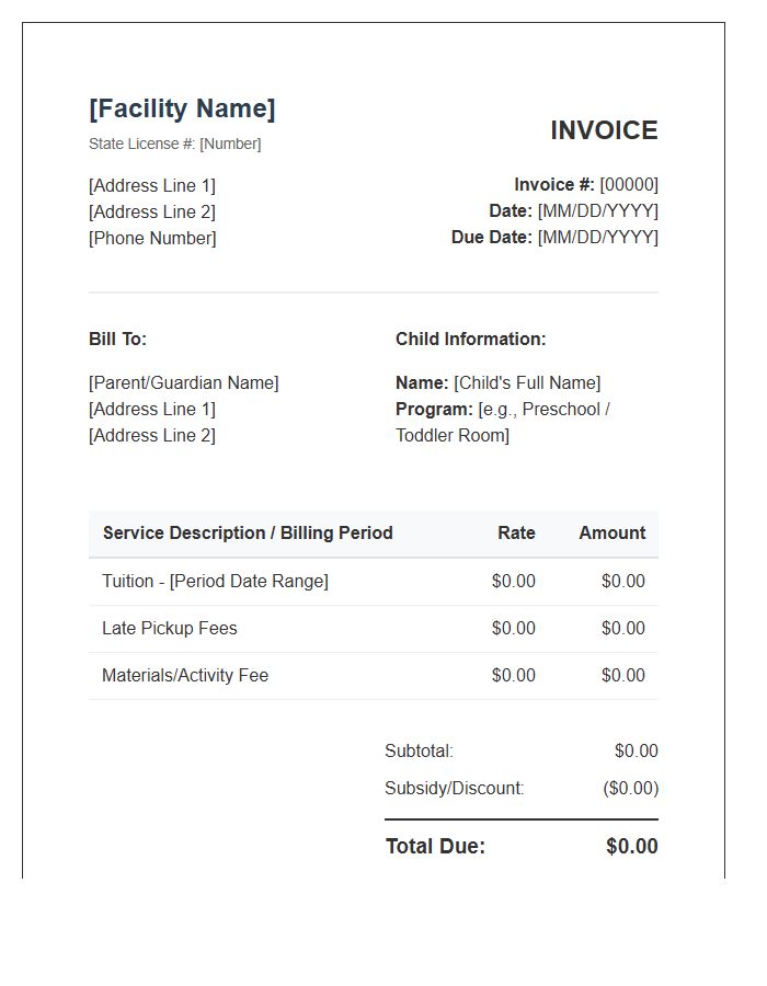 Licensed Childcare Facility Invoice Template