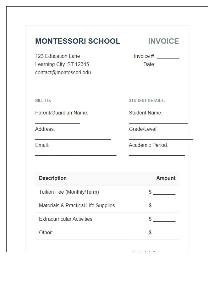 Montessori School Fee Invoice Template