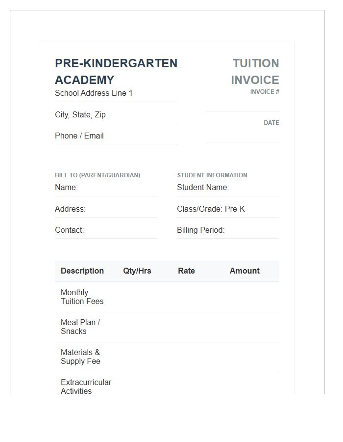 Pre Kindergarten Student Tuition Invoice Template