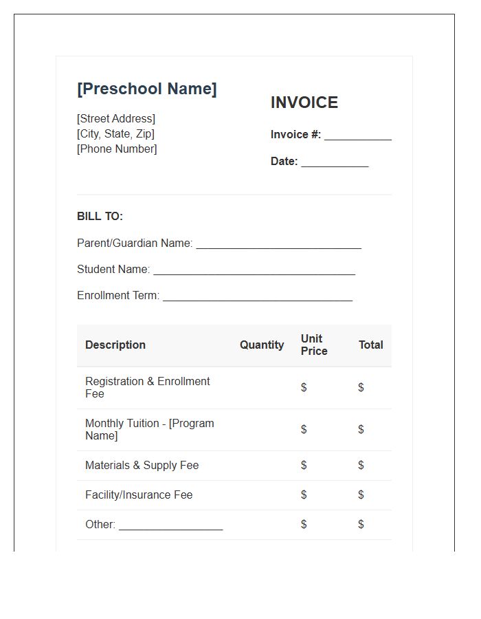 Preschool Enrollment Billing Invoice Template