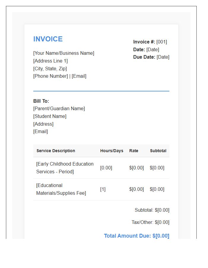Professional Early Childhood Teacher Invoice Template
