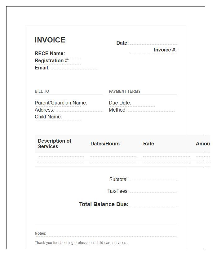 Registered Early Childhood Educator Invoice Template