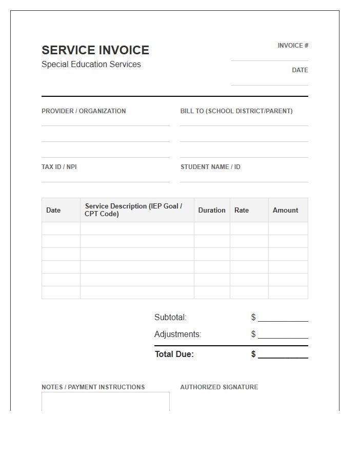 Special Education Services Billing Invoice Template