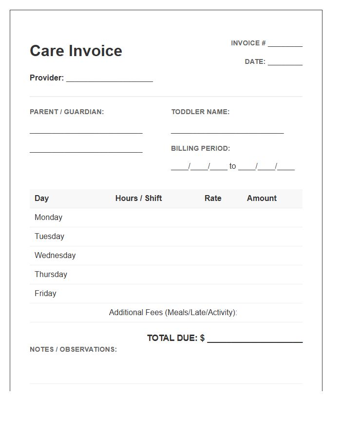 Toddler Care Weekly Billing Invoice Template