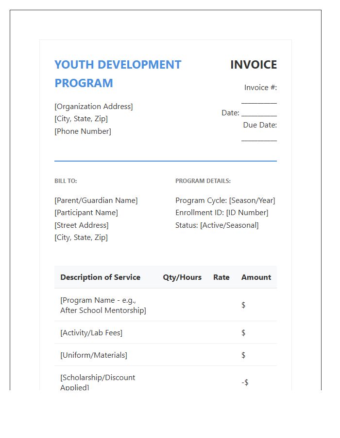 Youth Development Program Billing Invoice Template