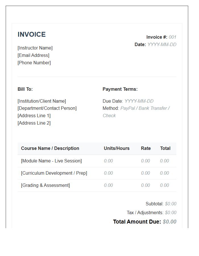 Distance Learning Instructor Invoice Template