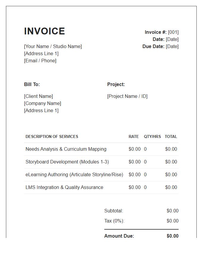 Instructional Designer Project Invoice Template
