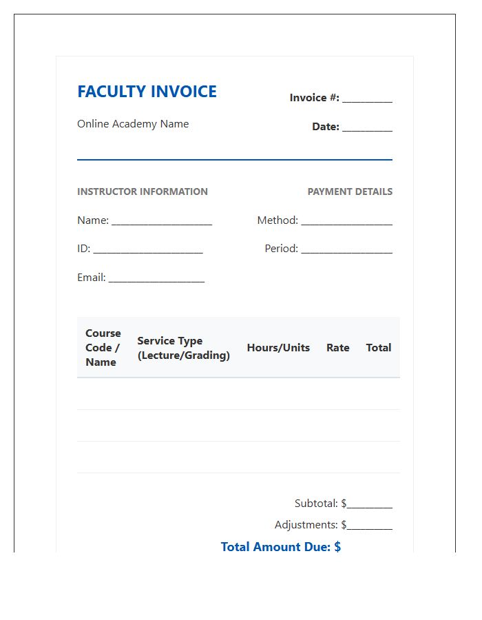 Online Academy Faculty Invoice Template