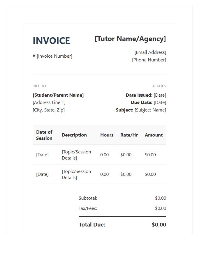 Online Tutoring Session Invoice Template