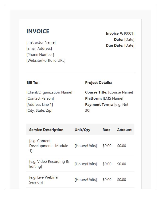 Professional Elearning Instructor Invoice Template