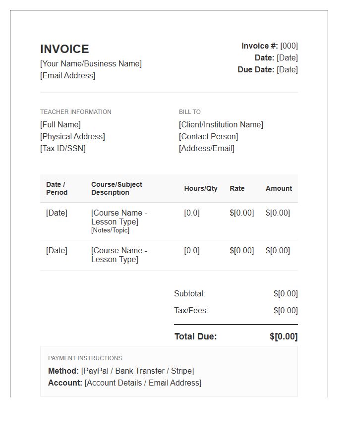 Remote Teaching Contract Invoice Template
