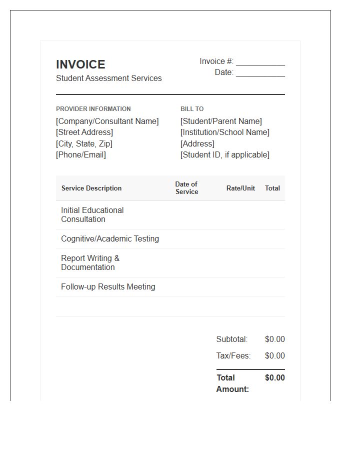 Student Assessment Services Invoice Template
