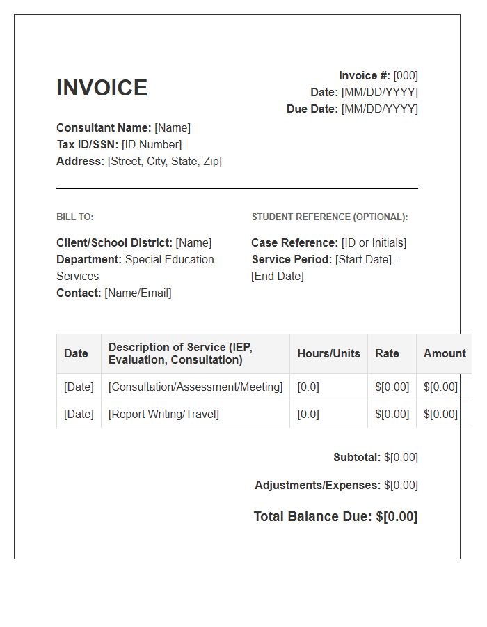 Contracted Special Education Consultant Invoice Template