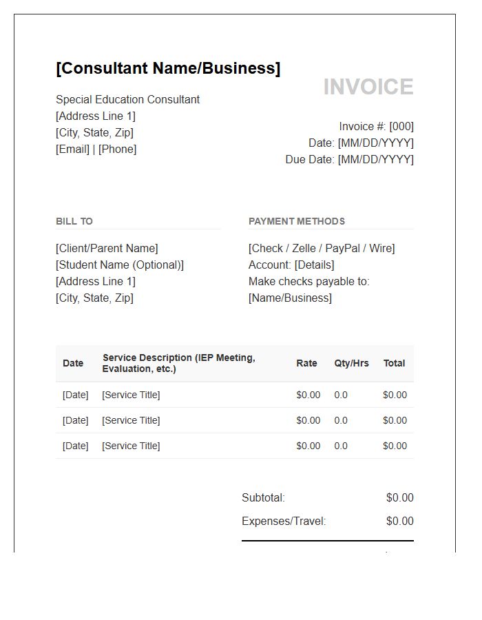 Independent Special Education Consultant Invoice Template