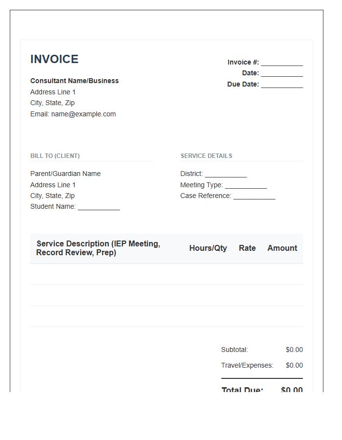 Special Education Advocacy Consultant Invoice Template