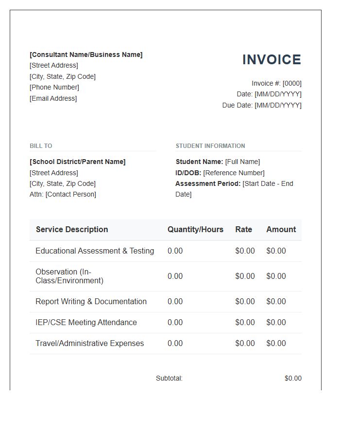 Special Education Assessment Consultant Invoice Template