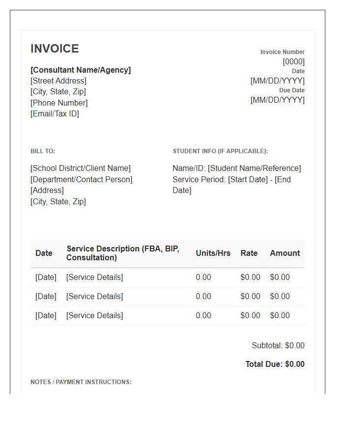Special Education Behavioral Consultant Invoice Template