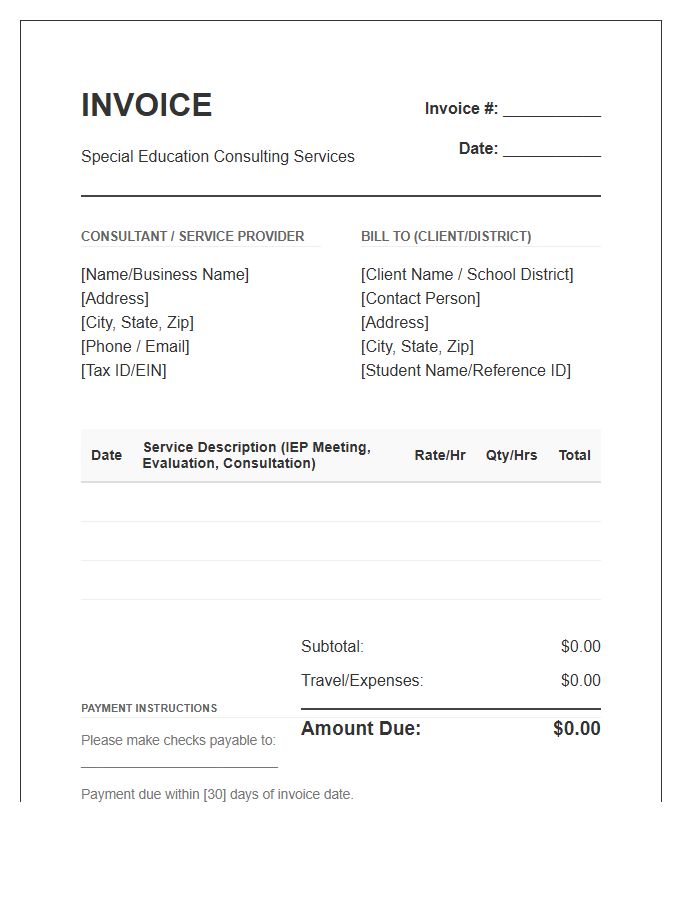 Special Education Consultant Billing Invoice Template