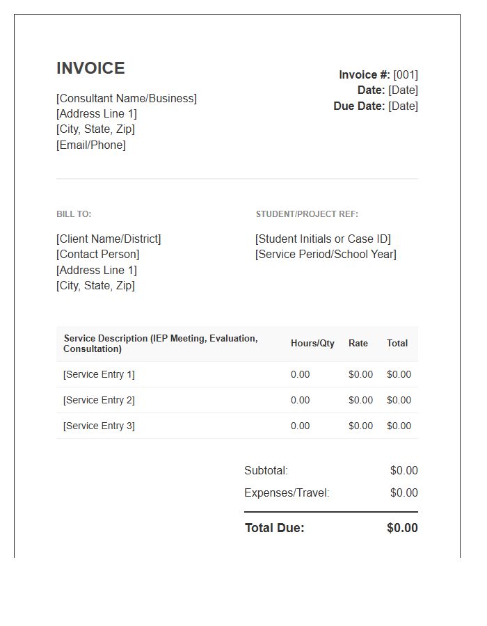 Special Education Consulting Fees Invoice Template
