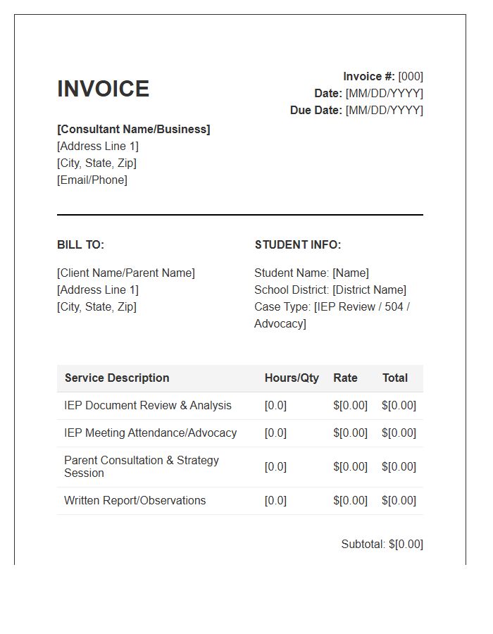 Special Education IEP Consultant Invoice Template