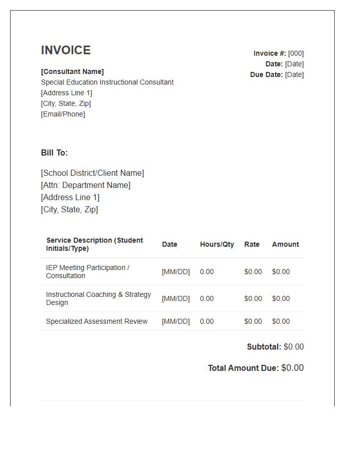 Special Education Instructional Consultant Invoice Template