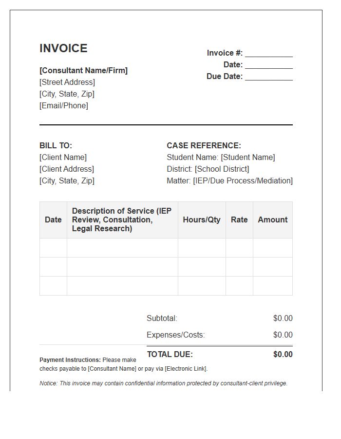 Special Education Legal Consultant Invoice Template