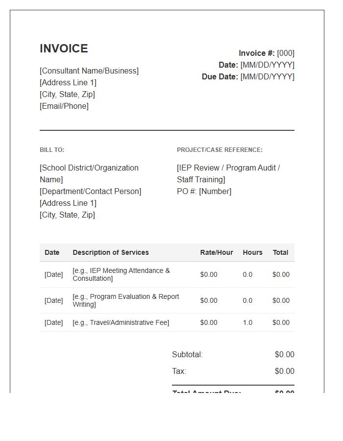 Special Education Program Consultant Invoice Template