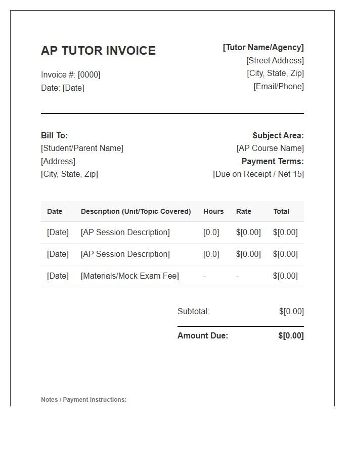 Advanced Placement Tutor Invoice Template