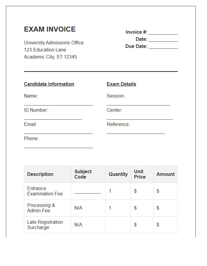 College Entrance Exam Invoice Template