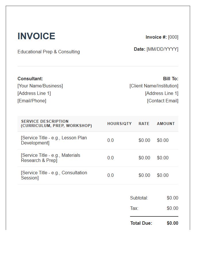 Educational Consultant Prep Invoice Template