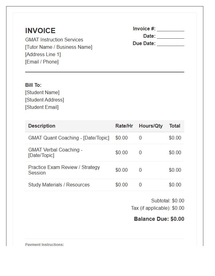 GMAT Instruction Service Invoice Template