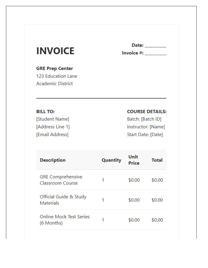GRE Preparation Course Invoice Template