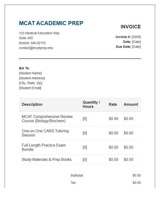 MCAT Academic Prep Invoice Template