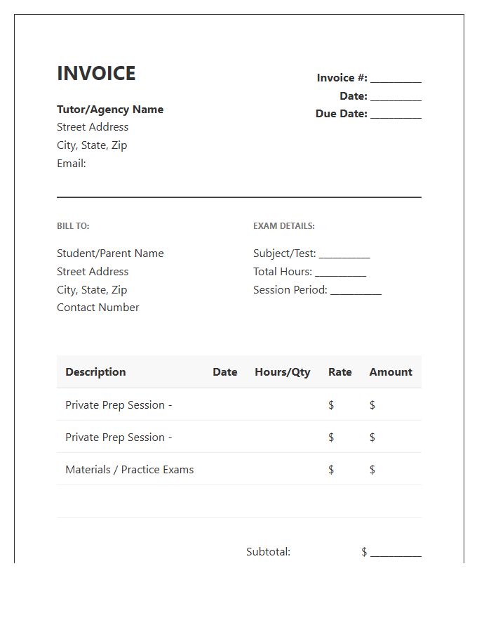 Private Exam Prep Invoice Template