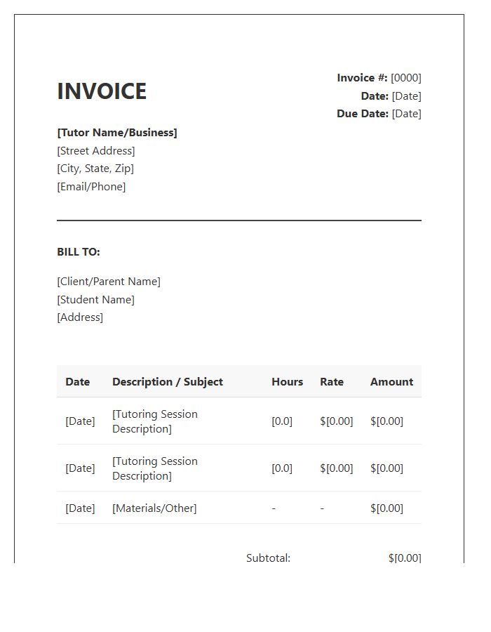 Tutor Billing Statement Invoice Template