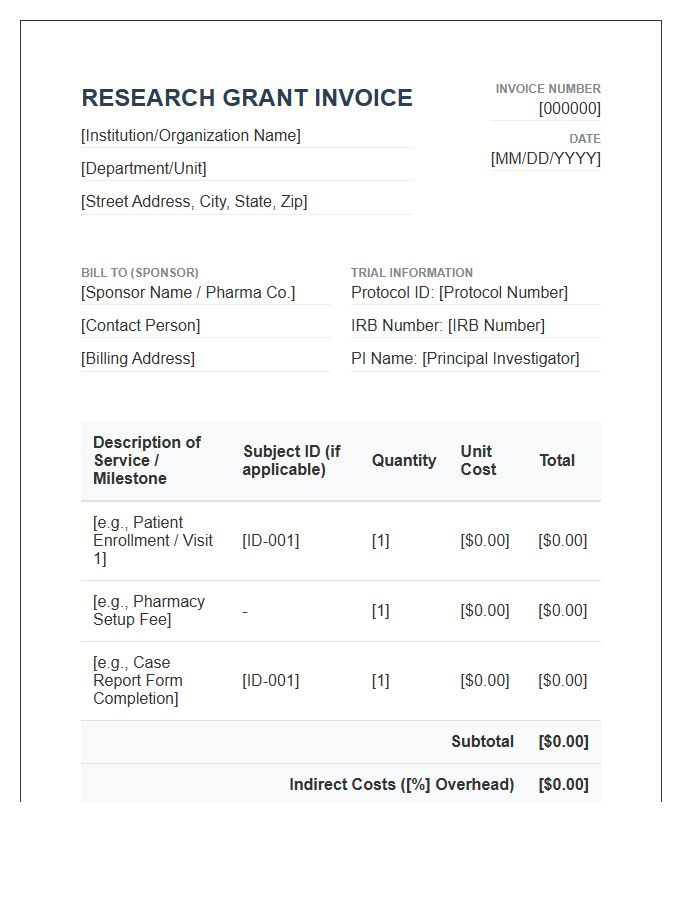 Clinical Trial Research Grant Invoice Template
