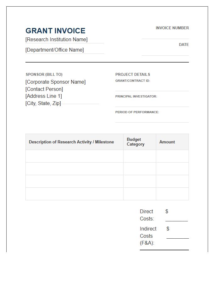 Corporate Sponsored Research Grant Invoice Template