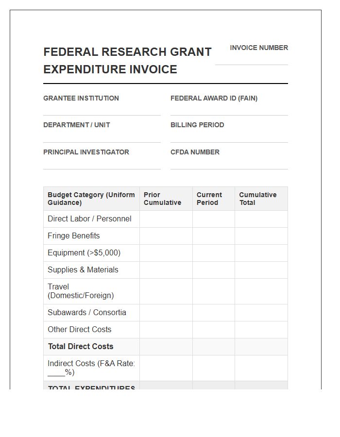 Federal Research Grant Expenditure Invoice Template