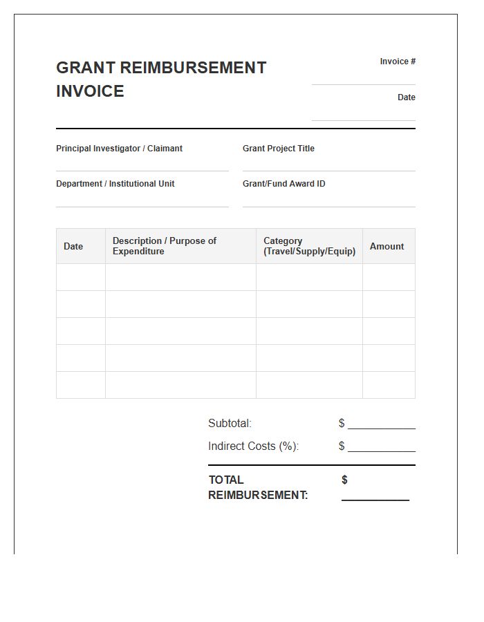 Institutional Research Grant Reimbursement Invoice Template