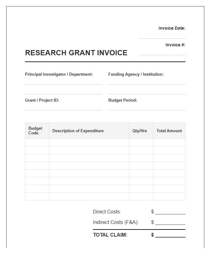 University Research Grant Budget Invoice Template