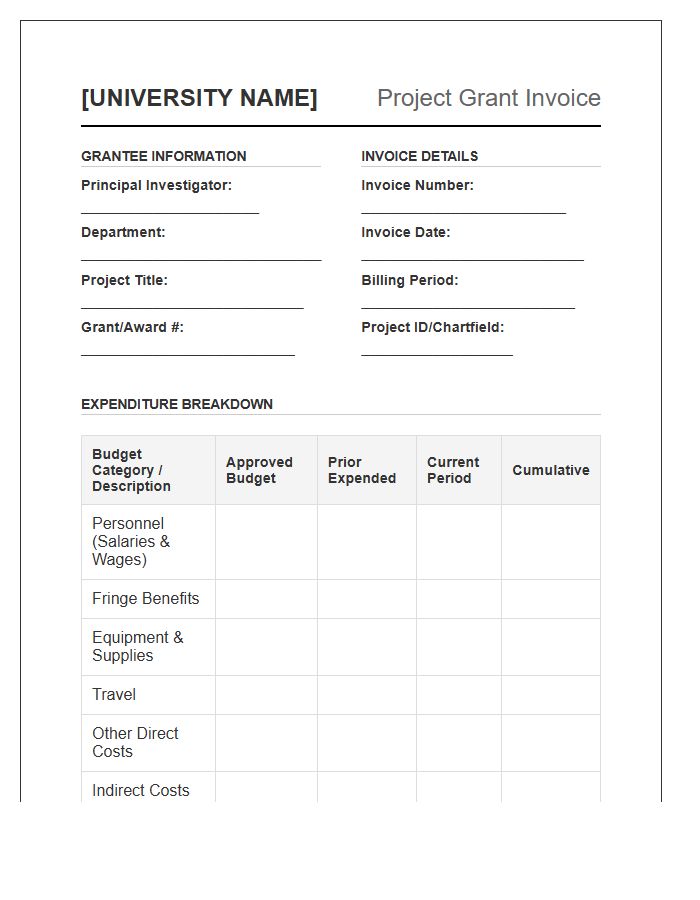 University Sponsored Project Grant Invoice Template