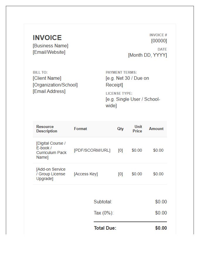 Digital Learning Resource Invoice Template
