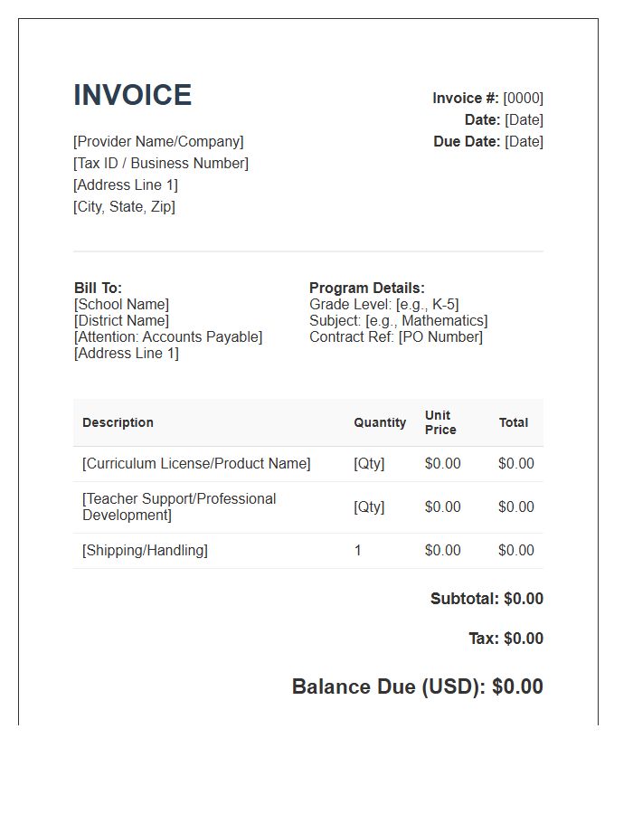 Elementary Curriculum Provider Invoice Template