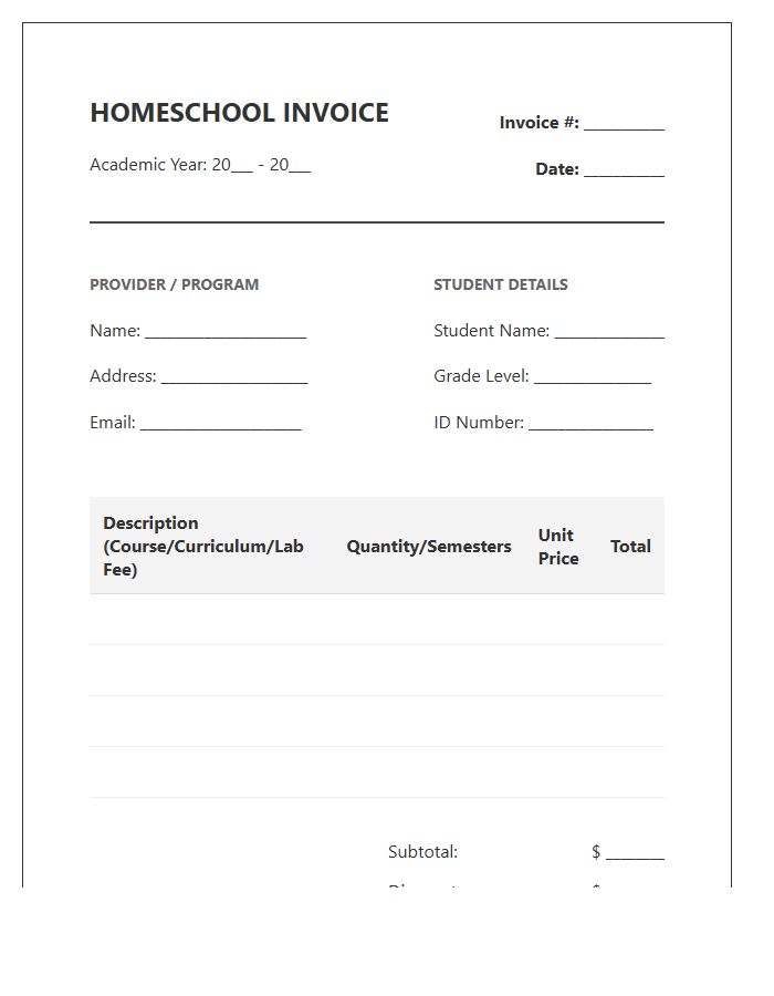 High School Homeschooling Invoice Template