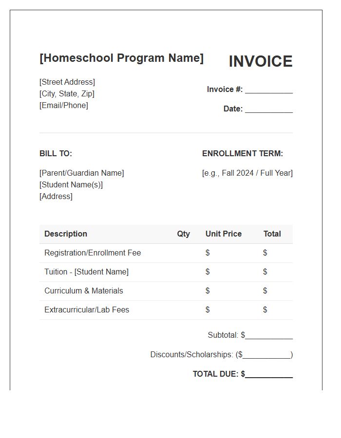 Homeschool Program Enrollment Invoice Template