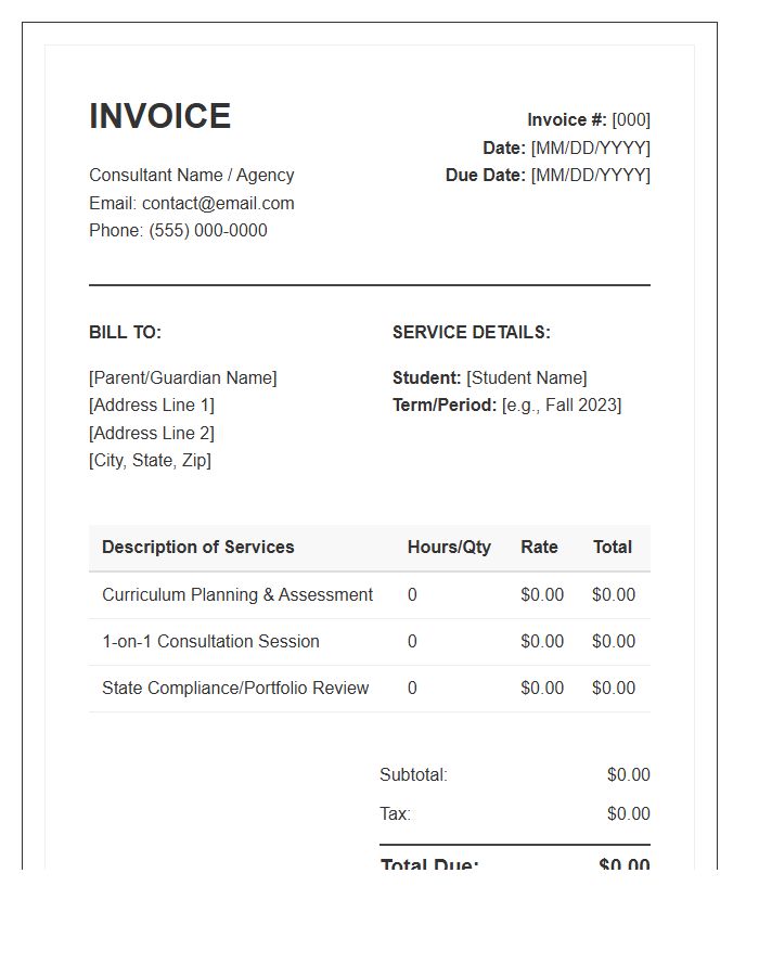 Homeschooling Consultant Service Invoice Template